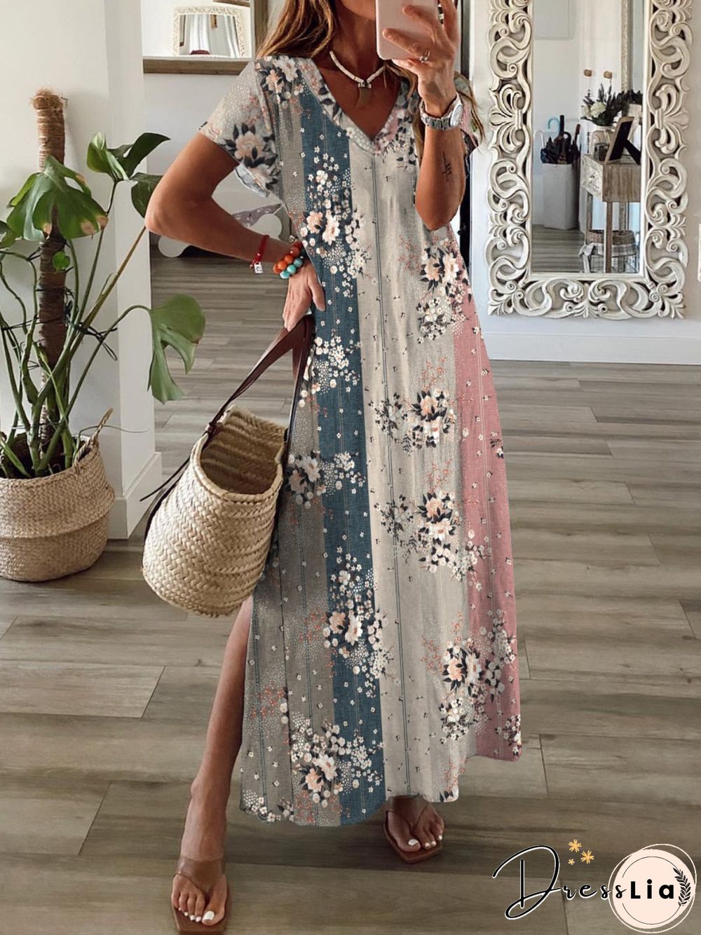 Casual Floral Short Sleeve V Neck Plus Size Printed Dress