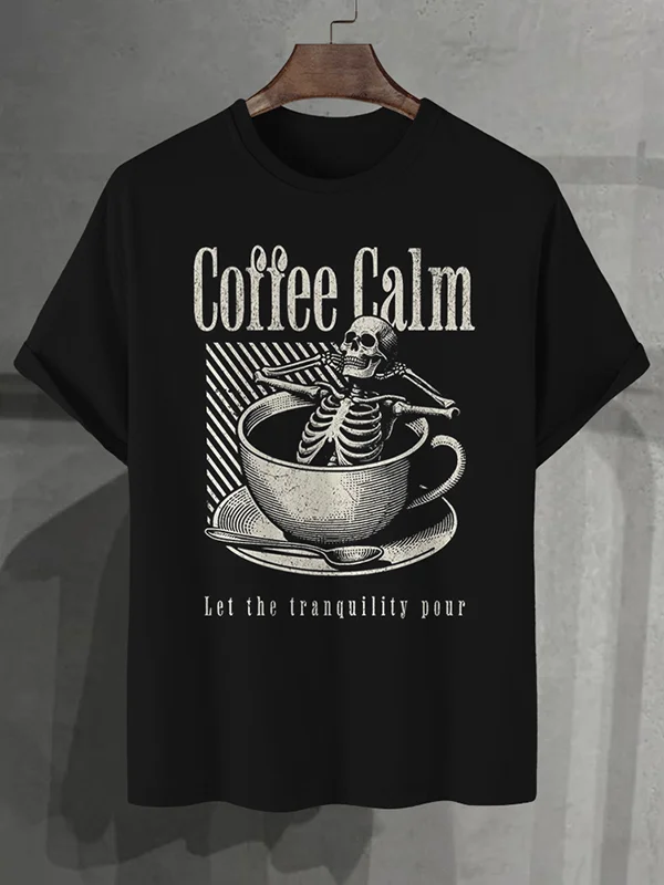 100% Cotton Men's Coffee Calm Let The Tranquility Pour Skull Lying In Coffee Cup Art Print Cotton T-Shirt