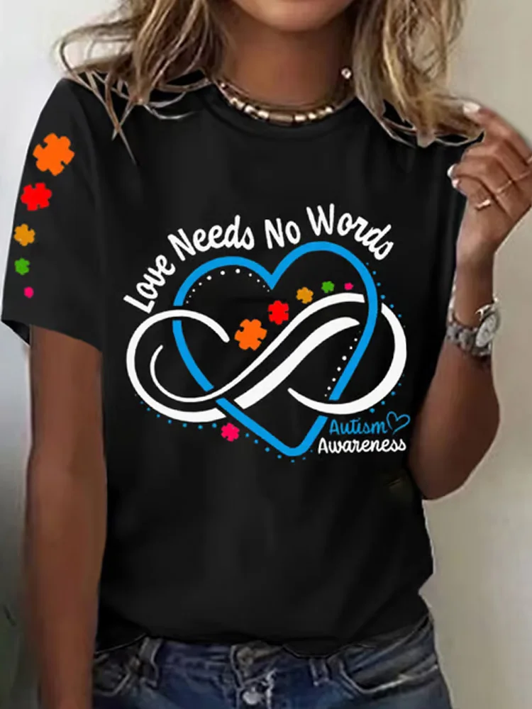 Simpfit Damen-T-Shirt mit Aufdruck „Love Needs No Words Autism Awareness“ und kurzen Ärmeln