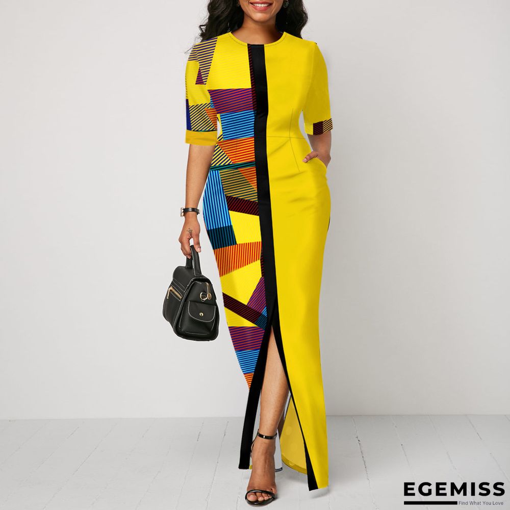 Fashion Print Contrast Women's Round Neck Long Skirt Dress With Middle Sleeves And High Waist | EGEMISS
