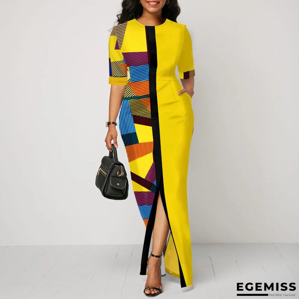 Fashion Print Contrast Women's Round Neck Long Skirt Dress With Middle Sleeves And High Waist | EGEMISS
