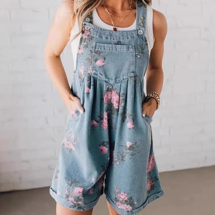 💥Fashionable Vintage Floral Print Denim Jumpsuit