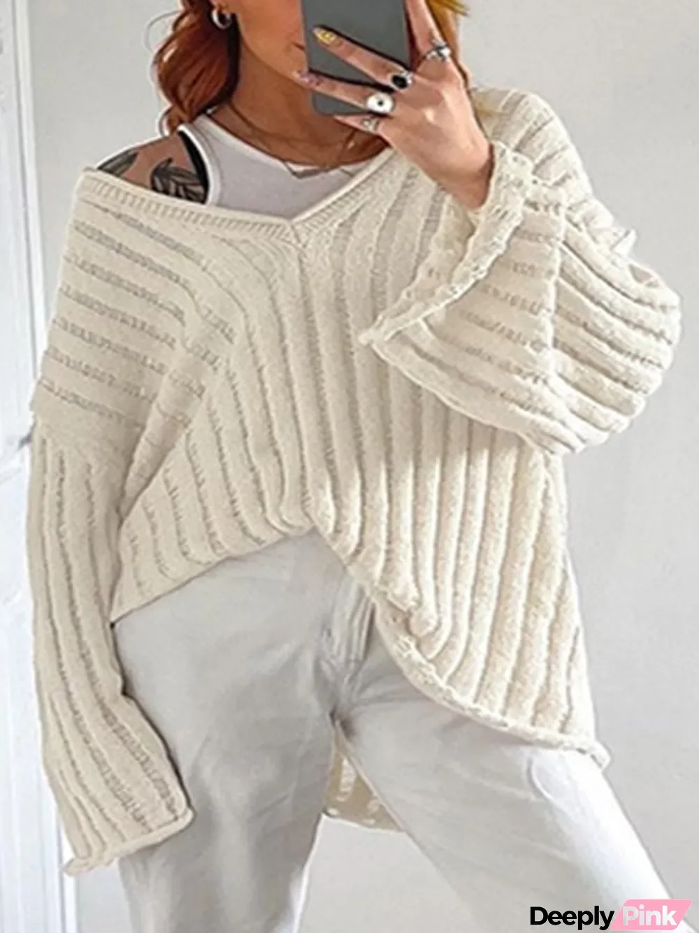 Women's Fashion Slouchy Rib Loose Pullover Rolled Edge V-Neck Sweater