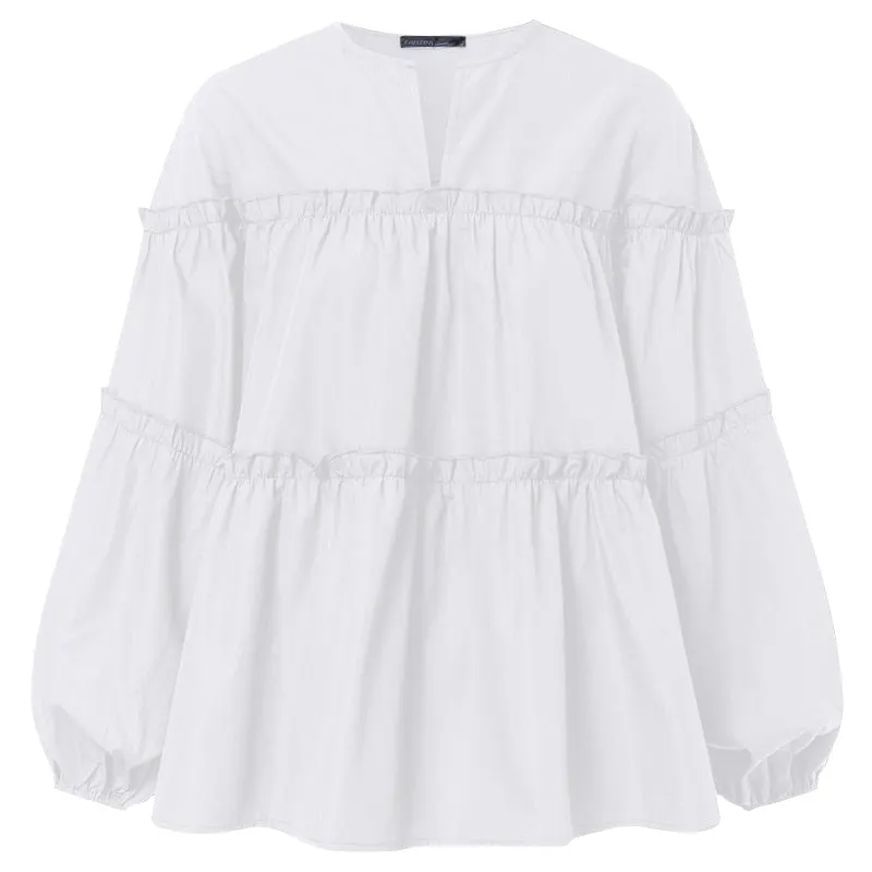 ZANZEA Stylish Long Puff Sleeve Korean Blouse 2022 Spring Women Solid Shirt Femininas Ruffles Party Work Blusas Mujer Tops
