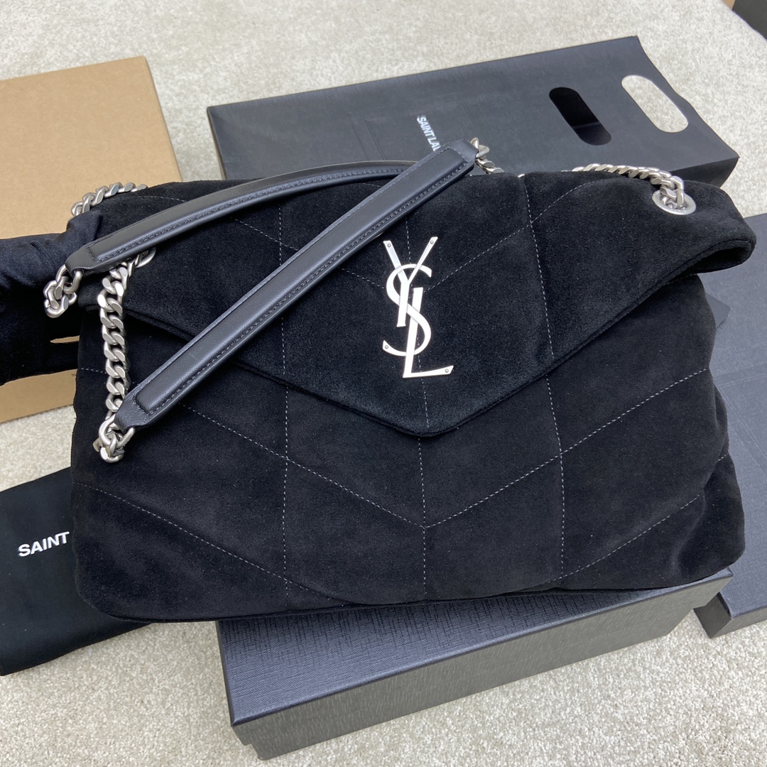 YSL Puffer in Black Quilted Suede Silver-Toned Hardware - Small