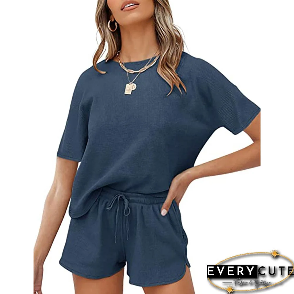 Navy Blue Cotton Blend Casual Pullover and Short Set