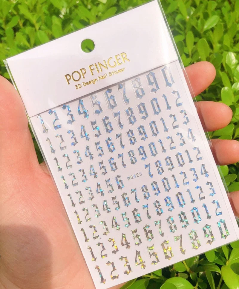 New Old English Big Size 80mm*103mm Numbers Nail Sticker Decals Wrap 3D Nail Art Supplies 6 Color Letter Number Sticker-Nail Inspo