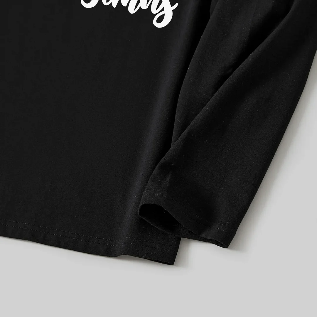 Christmas Pattern and Text Print Black Long Sleeve Top with Red & White & Green Plaid Family Matching Pajamas