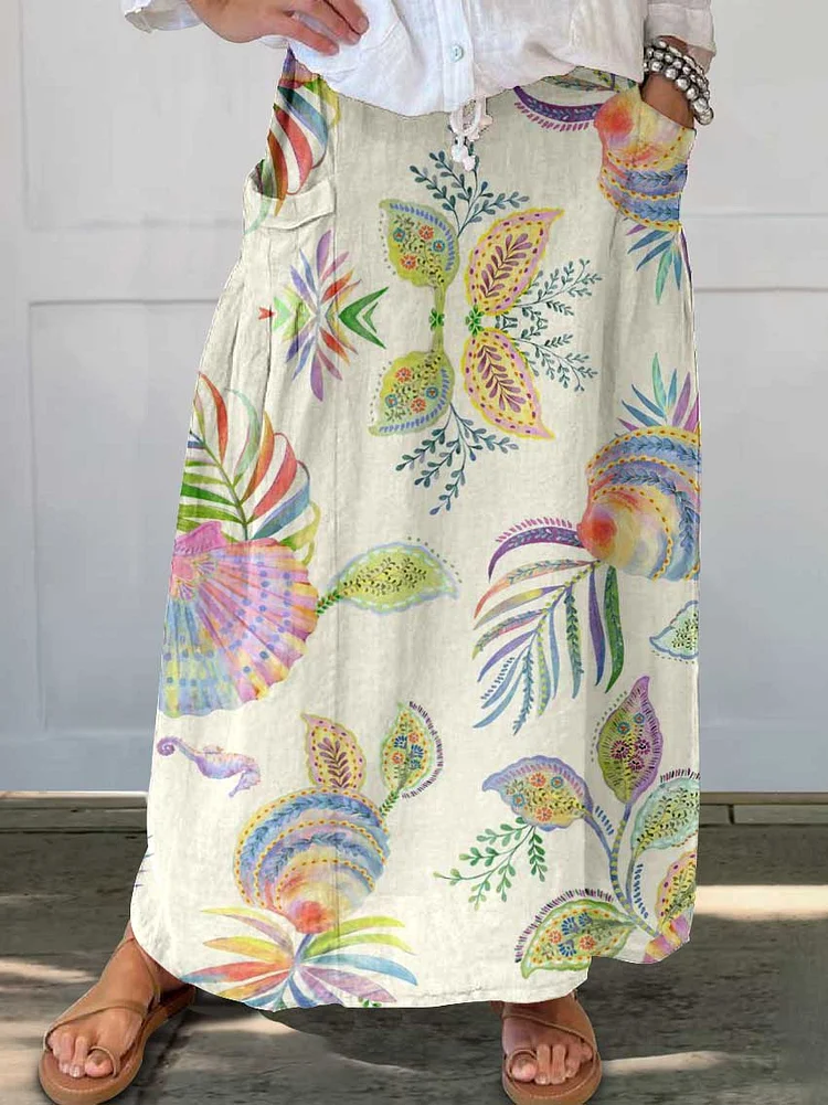 Womens Resort Flower Style Cotton and Linen Skirt With Pockets