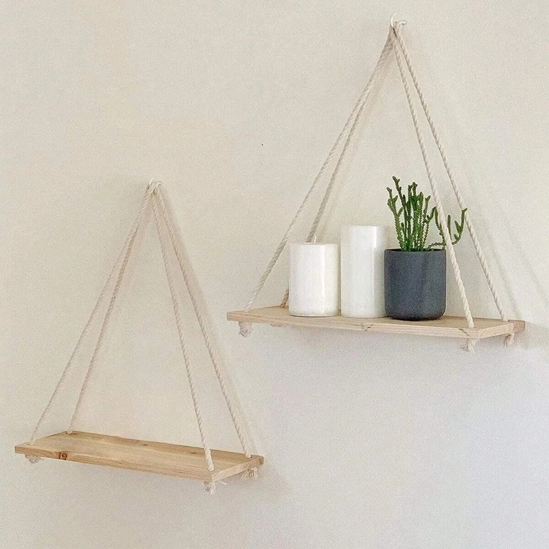 Tegooe Wood Hanging Rope Floating Shelves - Wall Mounted Storage for Plants Decor