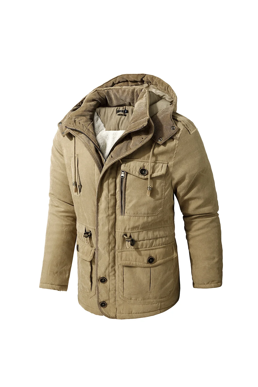 Men's Utility Lam Lined Hooded Cotton Jacket Thickened Multi-pocket Khaki Cream Color Coat  Outdoor Work Wear Big Size For Warm Winter