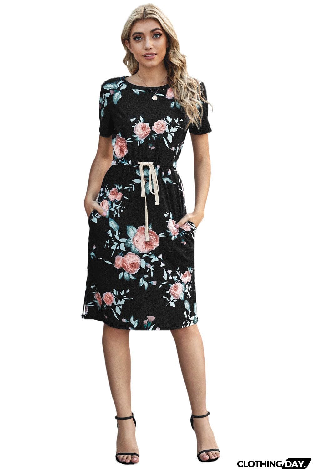 Casual Black Short Sleeve Pocketed Drawstring Midi Floral Dress