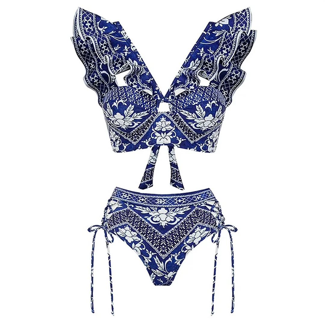 Uveng High-Belt Strap-Print Split Swimsuit Woman 2025 New Bikini Skirt Three-Piece Lotus Edges