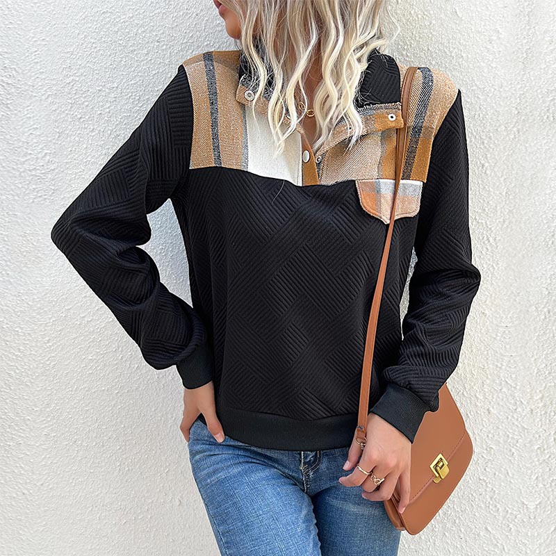 Women's Fashion Plaid Stitching Slim Fit Long Sleeve Top Pullover Sweatshirts