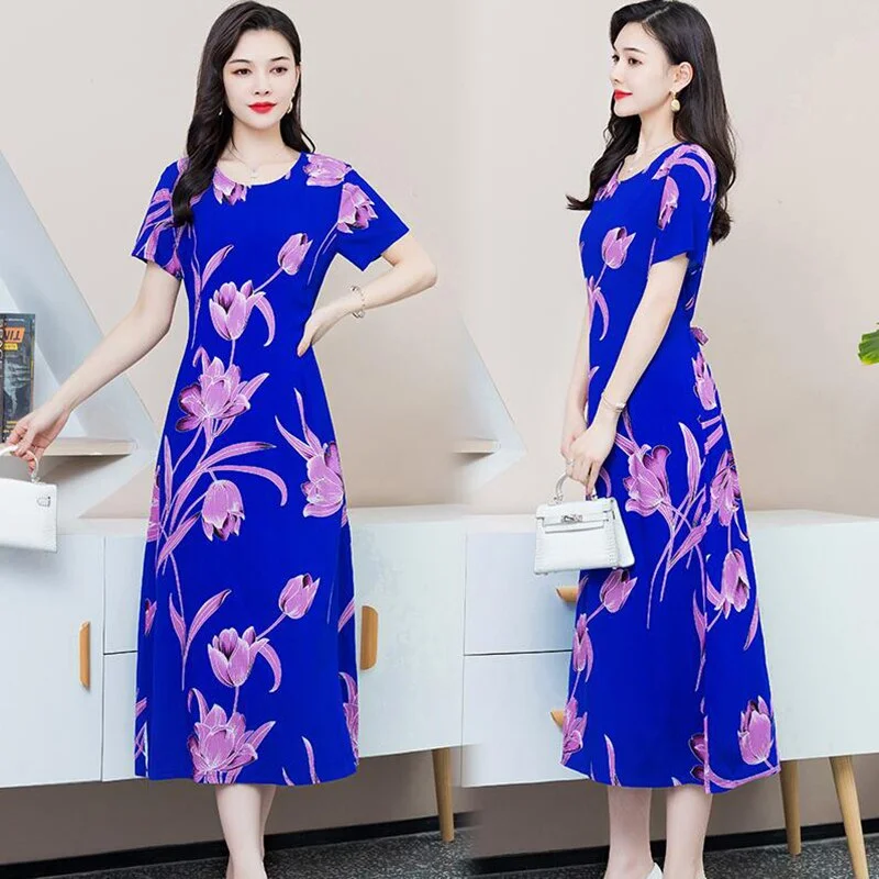 Women Summer Dress Plus Size 5XL Loose Middle-aged Mother Casual Short Sleeve Long Dress O-Neck Floral Print Cotton Dresses