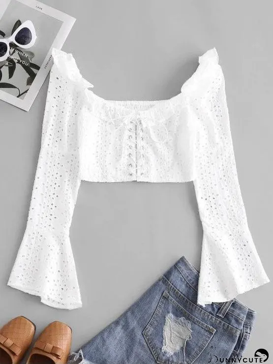 Broderie Anglaise Lace Up Ruffle Milkmaid Crop Blouse