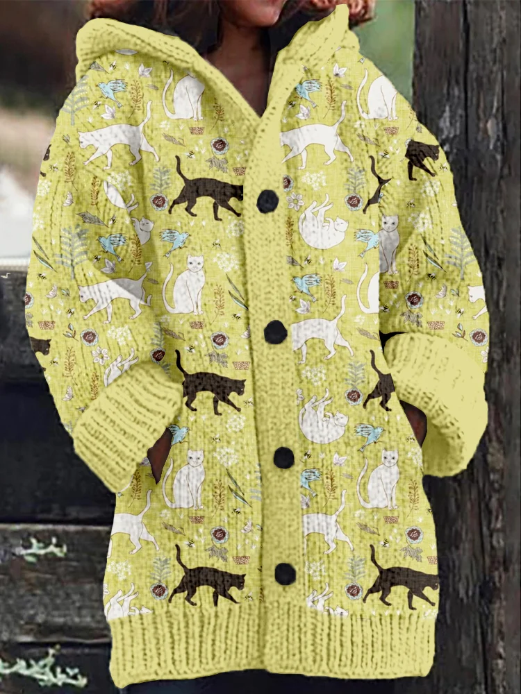 Lovely Cats Pattern Cozy Hooded Cardigan