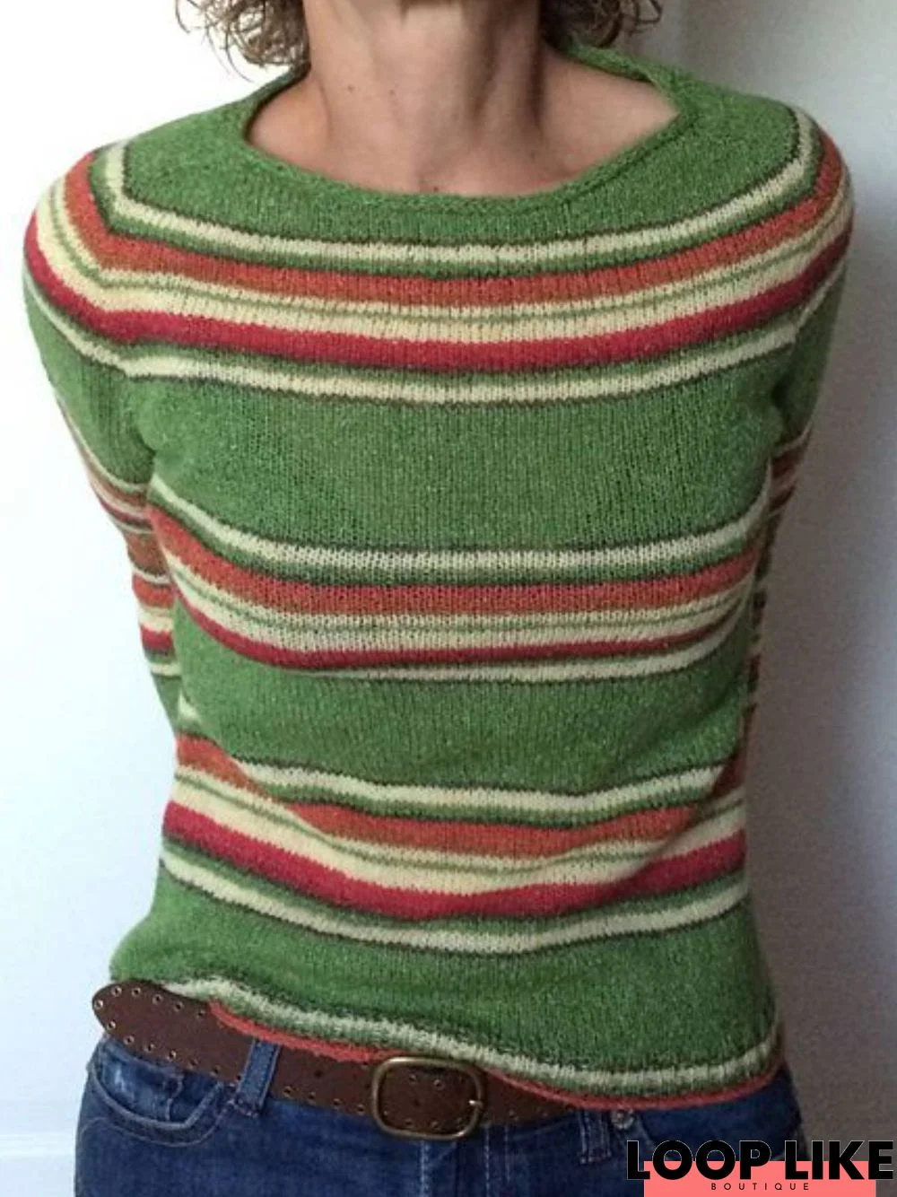 Green Knitted Long Sleeve Crew Neck Top