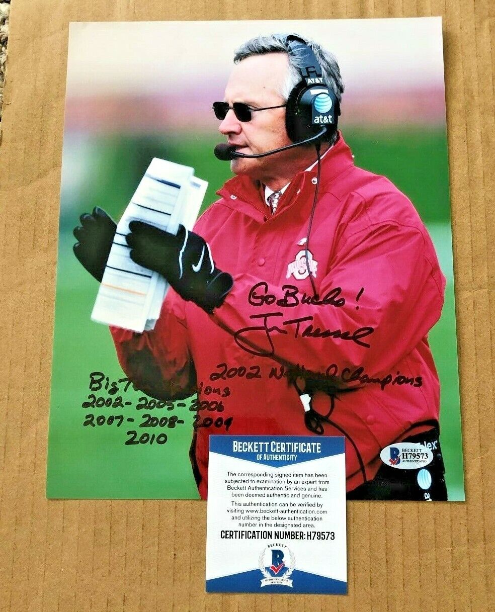 JIM TRESSEL SIGNED 8X10 OHIO STATE BUCKEYE Photo Poster painting W/IMSCRIPTION BECKETT CERT #3