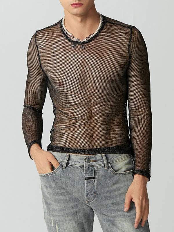 Aonga Mens Shiny Mesh See-Through Long Sleeve T-Shirt SKUJ50496