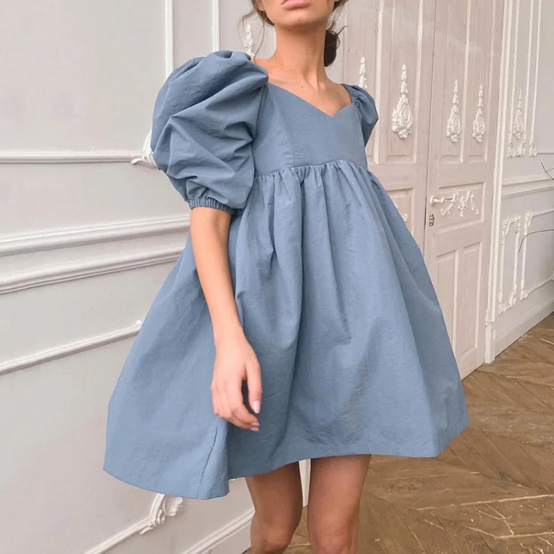 Summer Fashion Trend Puff Sleeve High Waist Mini Dress