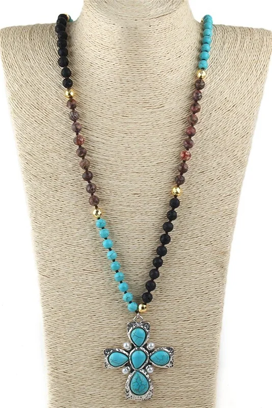 Bohemian natural semi-precious stone cross necklace