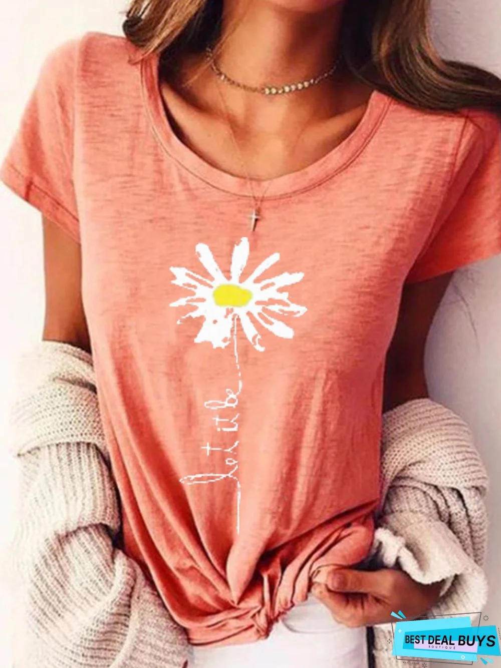 Pink Printed Short Sleeve Round Neck T-shirt