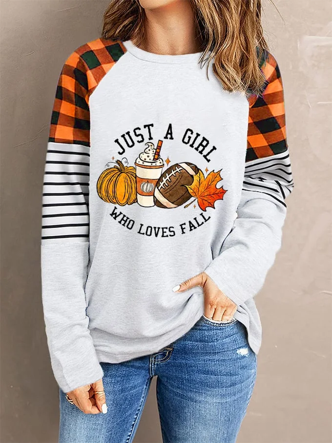 Women's Just A Girl Who Loves Fall Pumpkin Football Maple Leaf Autumn Print T-Shirt