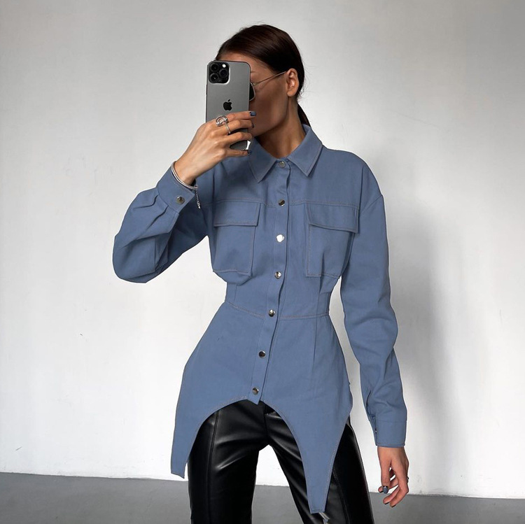 Ootddress Lapel Patchwork Fashion Shirts For Women Slim Long Sleeve Pocket High Waist Autumn 2025 Cardigan Vintage Shirts Streetwear
