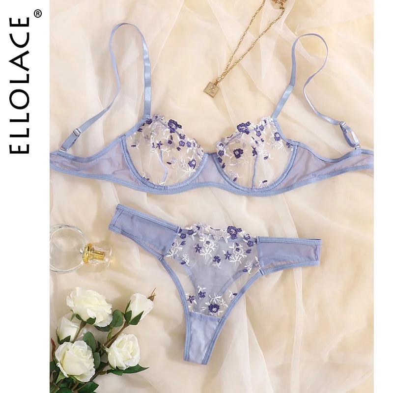 Ellolace Lingerie Sexy Floral Embroidery Underwear Transparent Lace Short Skin Care Kits Delicate Fairy Set Woman 2 Pieces
