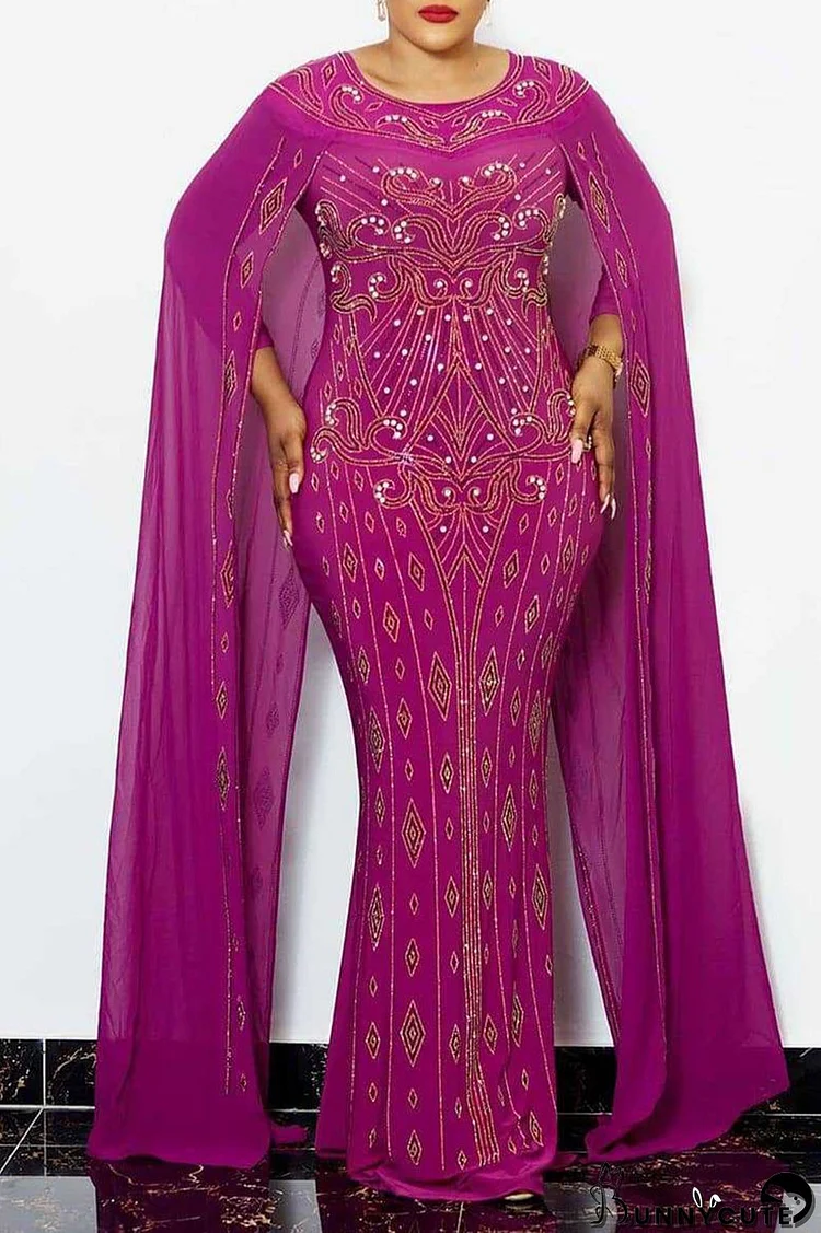 Purple Elegant Solid Split Joint Pearl Hot Drill Straight Dresses