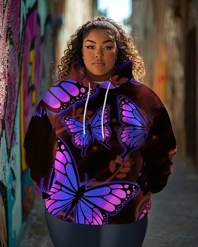 Women's Plus Size Colorful Butterfly Print Hoodie