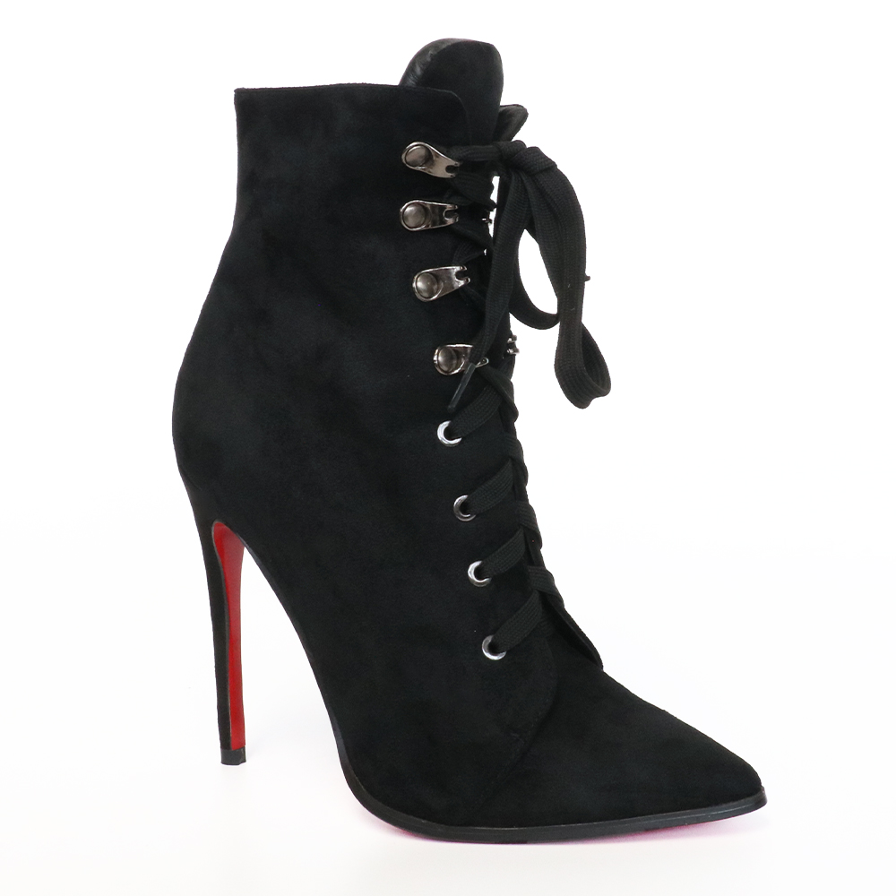 4.72" Women's Tether Sky High Heels Platform Ankle Boots Black Suede-vocosishoes