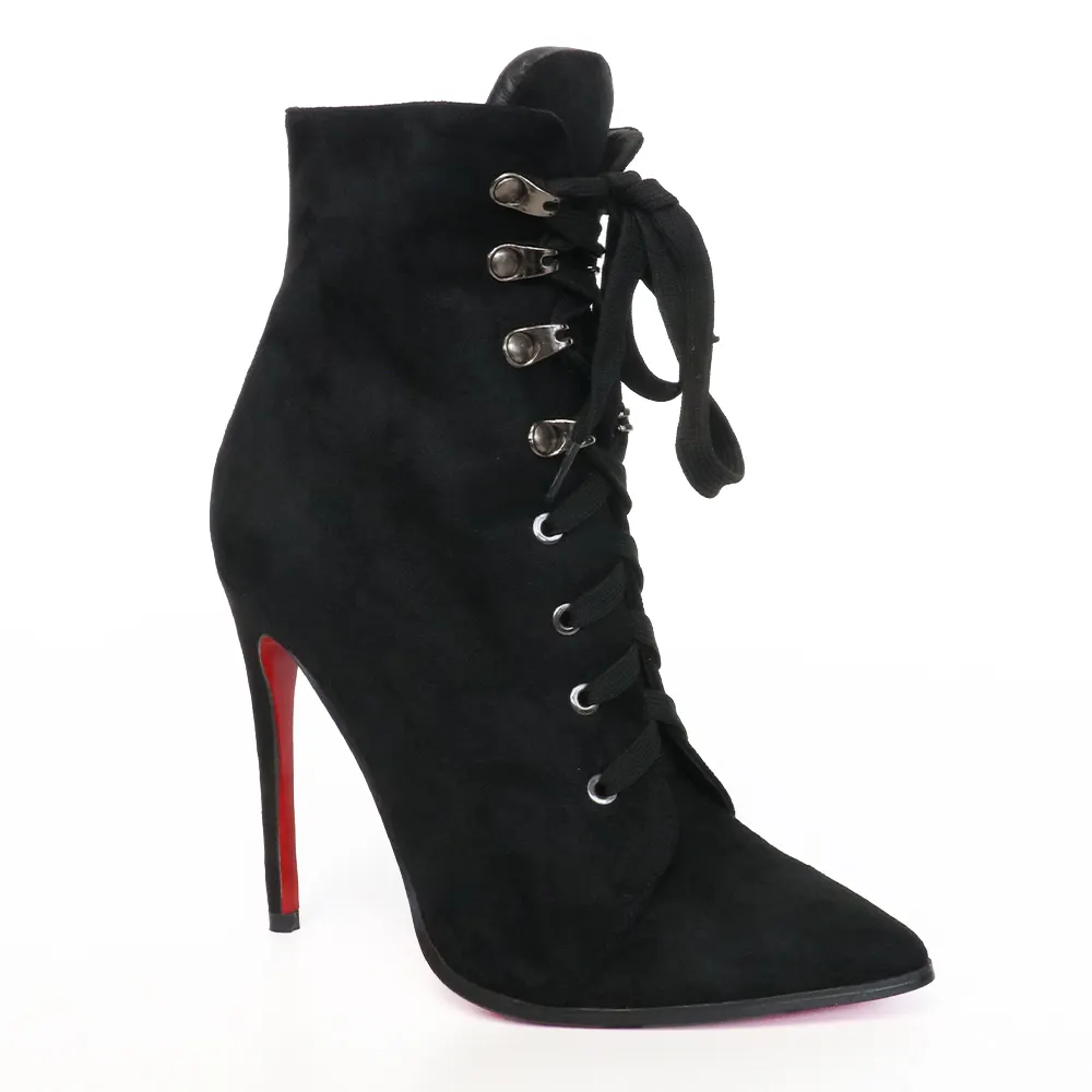 4.72" Women's Tether Sky High Heels Platform Ankle Boots Black Suede-vocosishoes