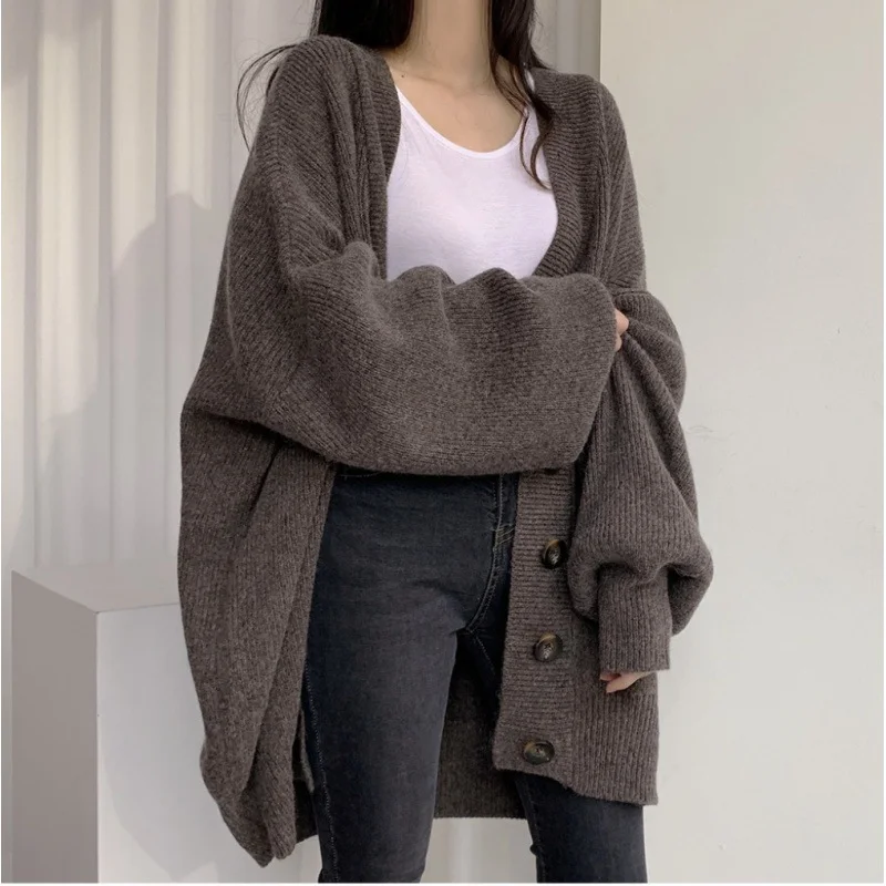 Uveng Uveng Chic Autumn And Winter Leisure Lazy Wind V-Neck Single Buckle Loose Lantern Sleeve Knitted Sweater Coat Woman