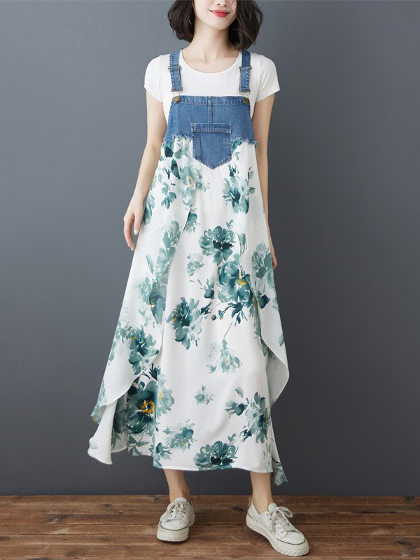 Floral Print Patchwork Strap Denim Maxi Dress