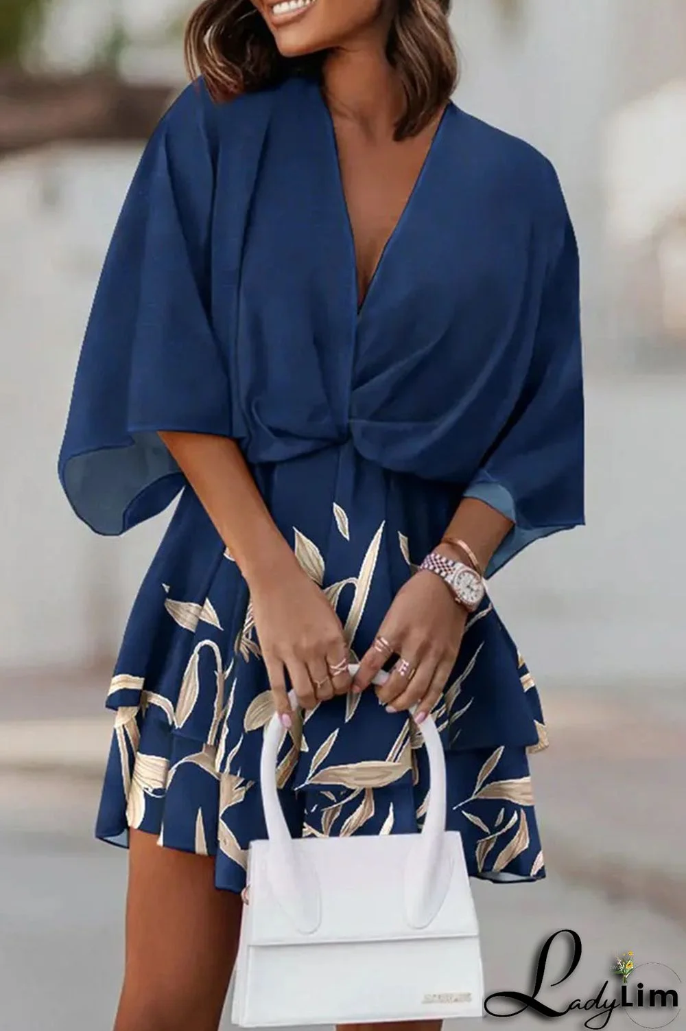 Sky Blue Casual Print Patchwork V Neck Dresses