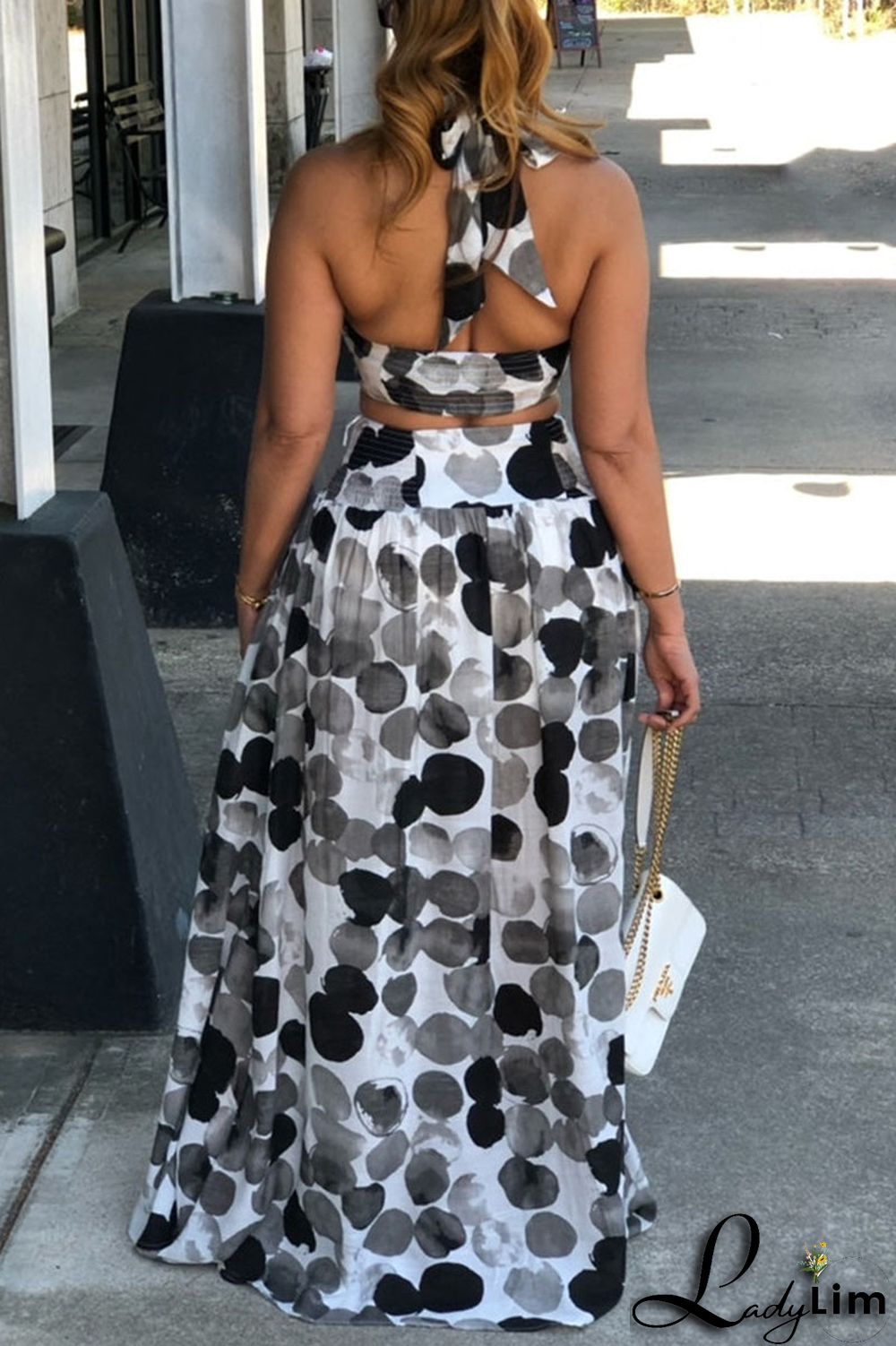 Black Sexy Vacation Print Split Joint Slit Halter Sleeveless Two Pieces