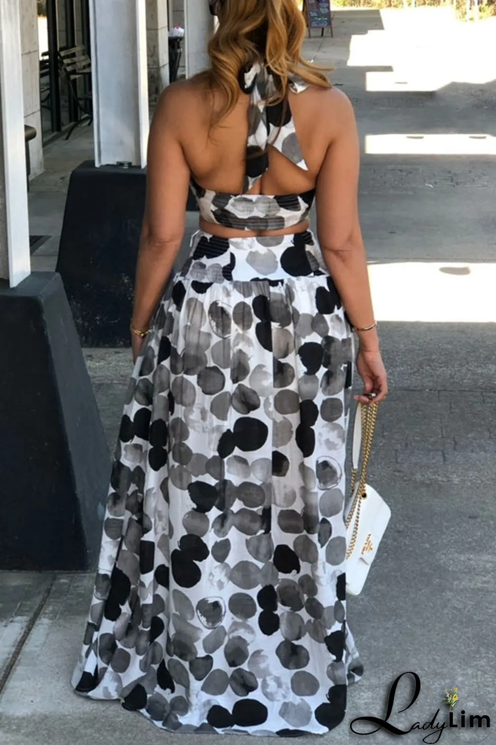 Black Sexy Vacation Print Split Joint Slit Halter Sleeveless Two Pieces