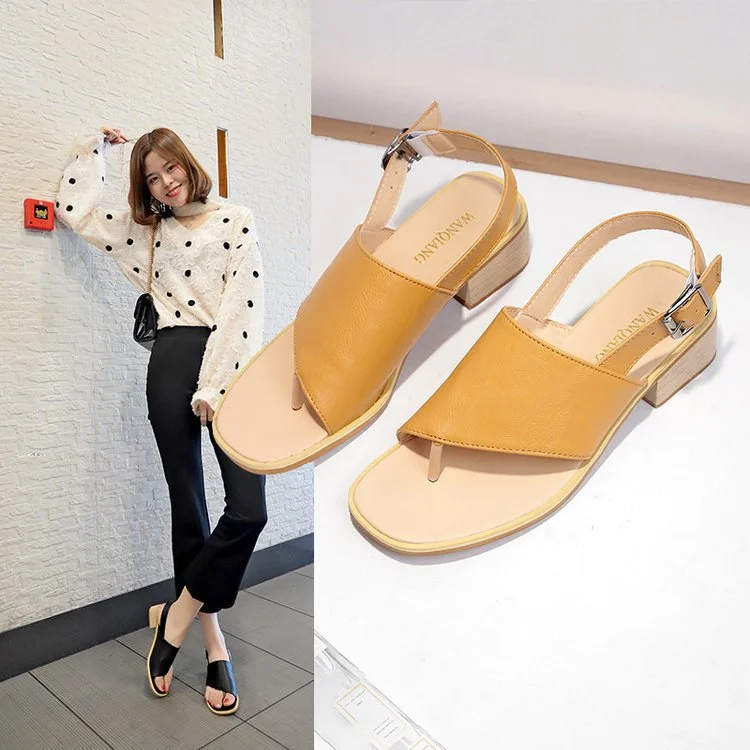 Summer thick heel sandals women's clip toe buckle fashion women's sandals solid color versatile women's sandals