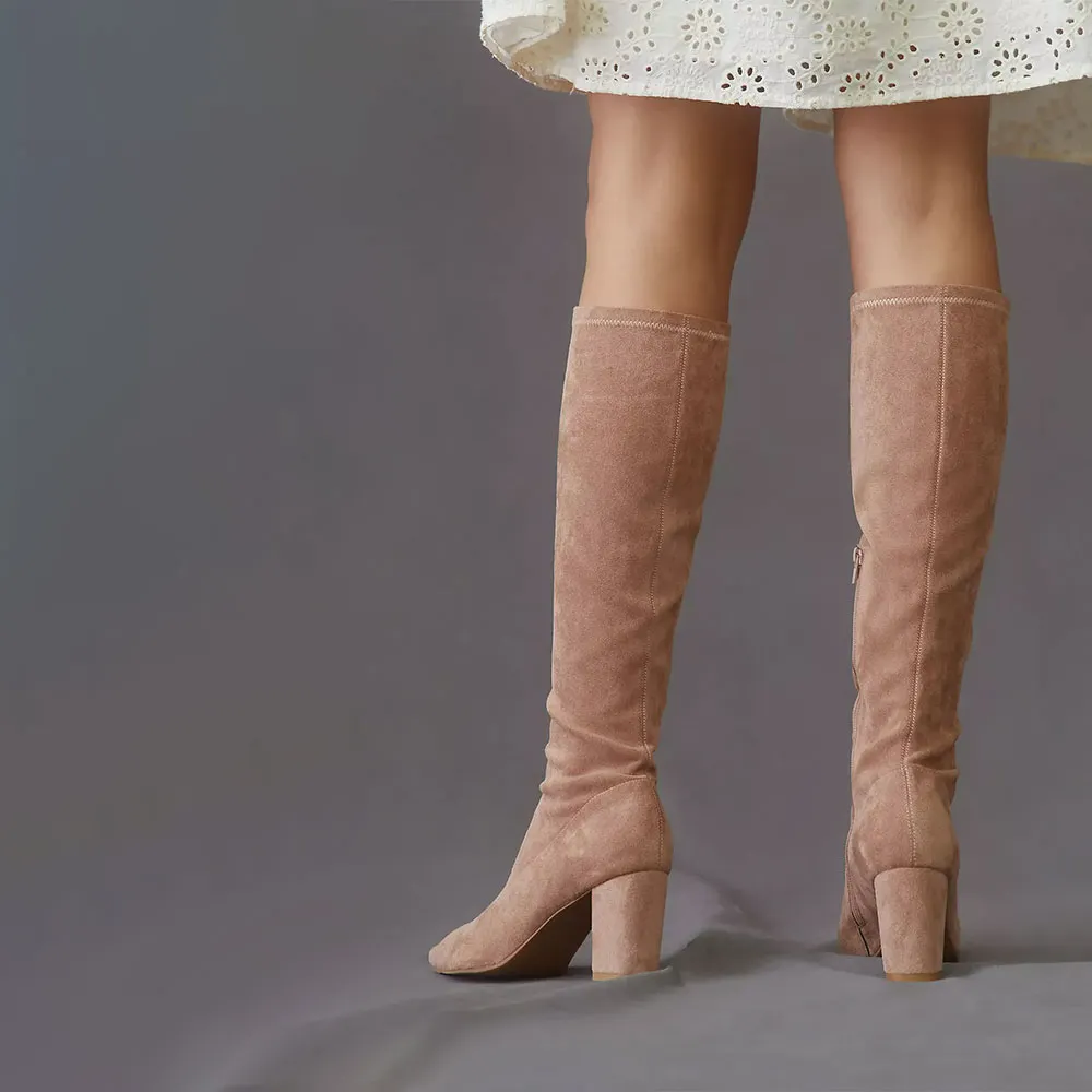 Stylish Brown Vegan Suede Chunky Heel Pointed Toe Boots with Zipper