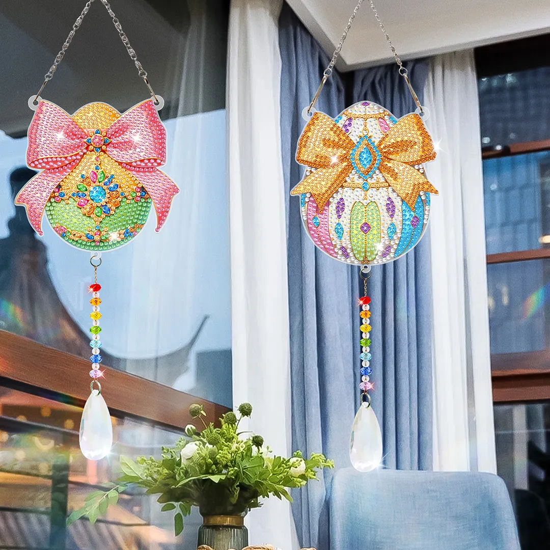 2Pcs Bow-shaped Easter Egg DIY Double-Sided Diamond Painting Hanging Kits Diamond Painting Suncatcher Craft Kit for Home Garden Wall Decor Gift