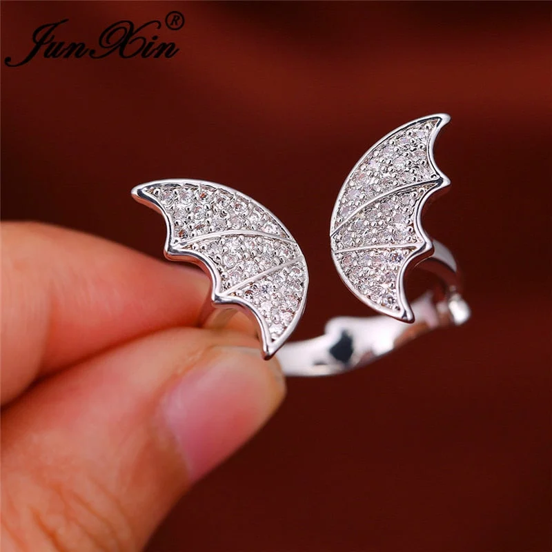 White Yellow Gold Punk Animal Bat Rings For Men Women Open Wedding Bands Female Male Halloween Black Party Finger Ring