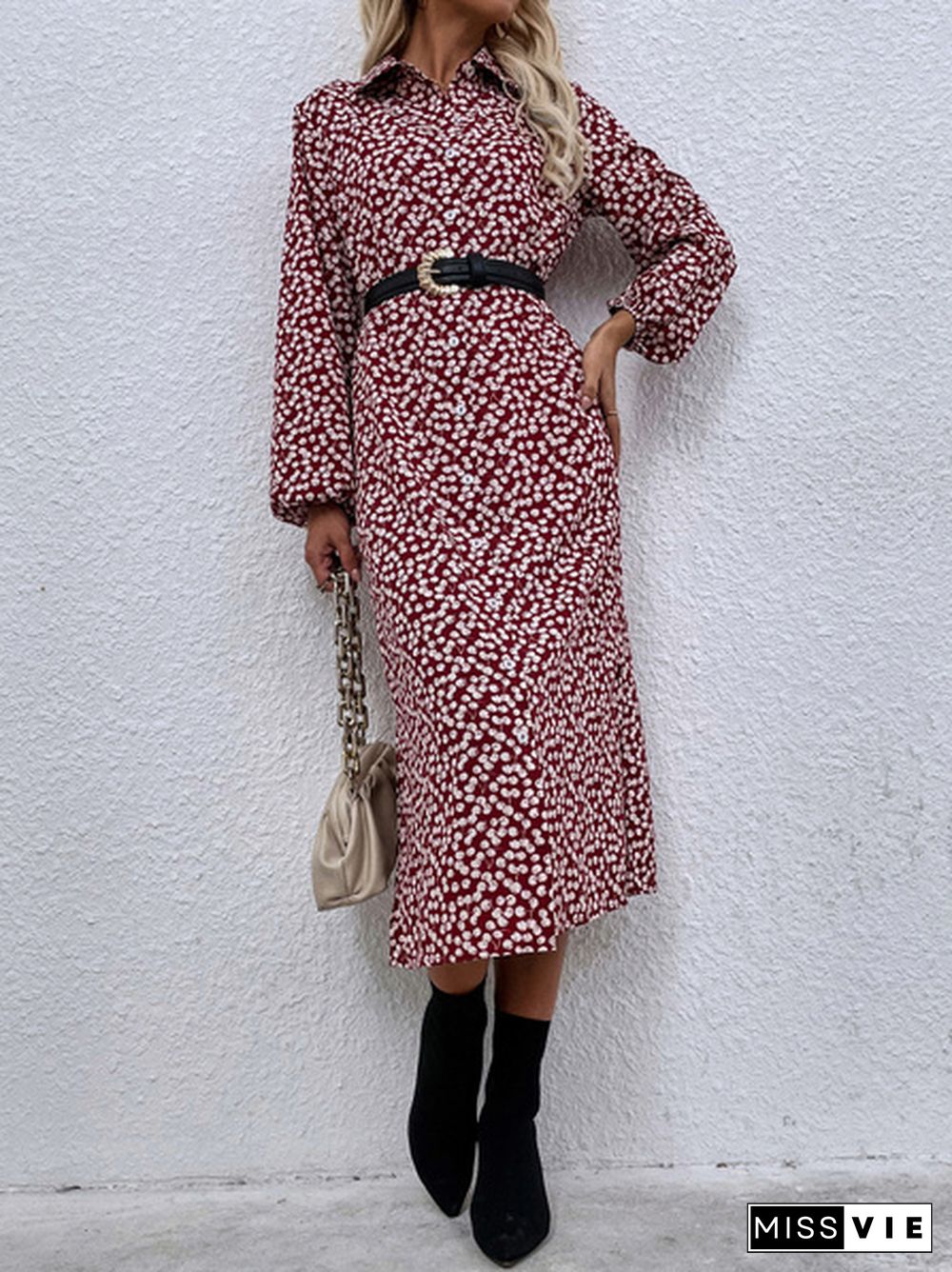 Cherry Print Red Lapel Long-Sleeved Single-Breasted Shirt Dress Without Belt