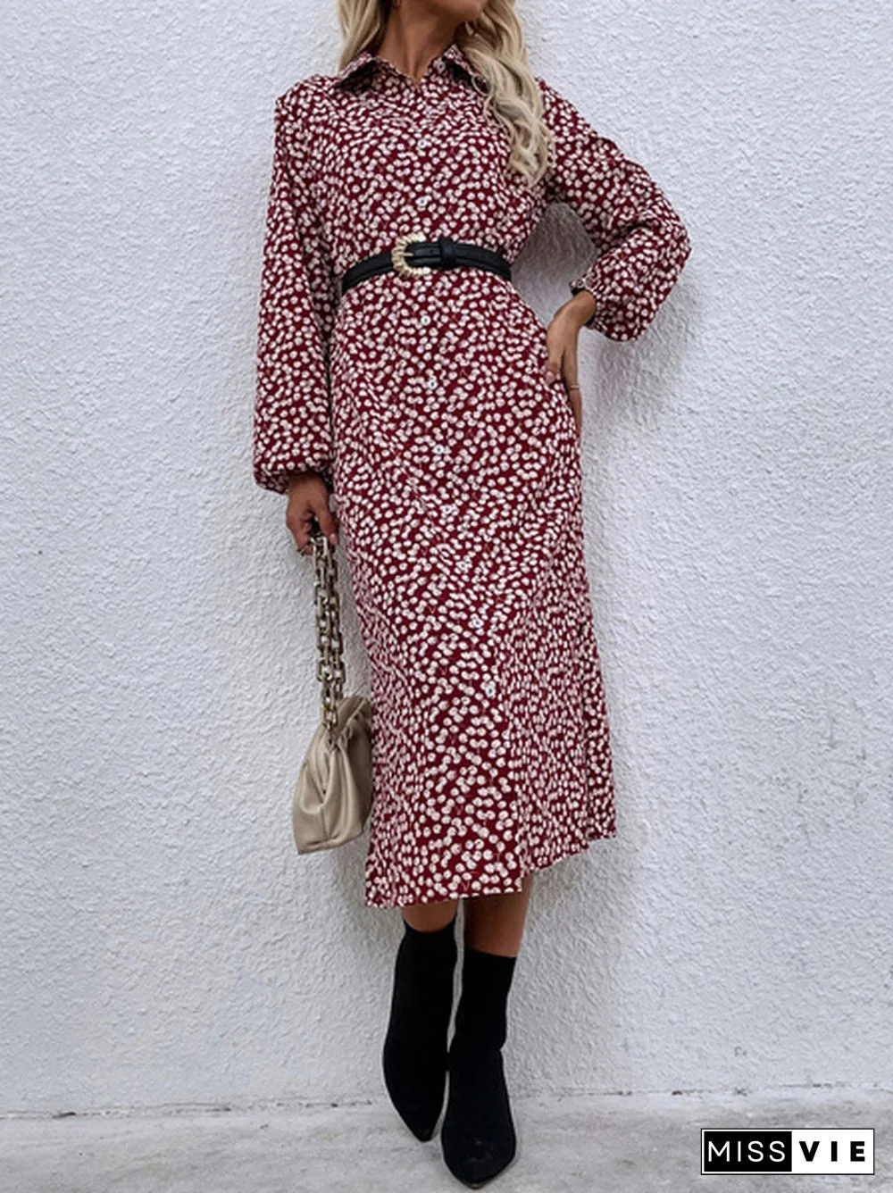 Cherry Print Red Lapel Long-Sleeved Single-Breasted Shirt Dress Without Belt
