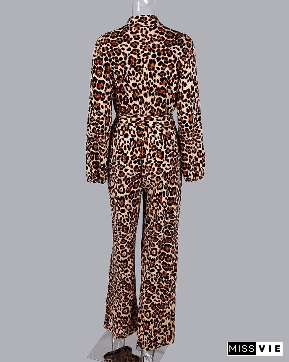 Leopard Print Button Design Wide Leg Jumpsuit P13128