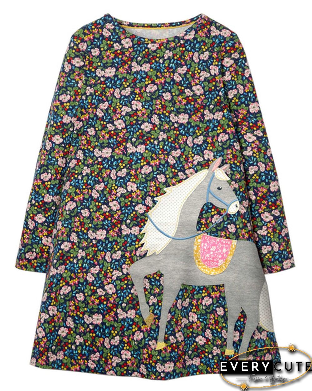 Toddler Baby Girls Kids Autumn Clothes Cute Cartoon Applique Long Sleeve T-Shirt Dress