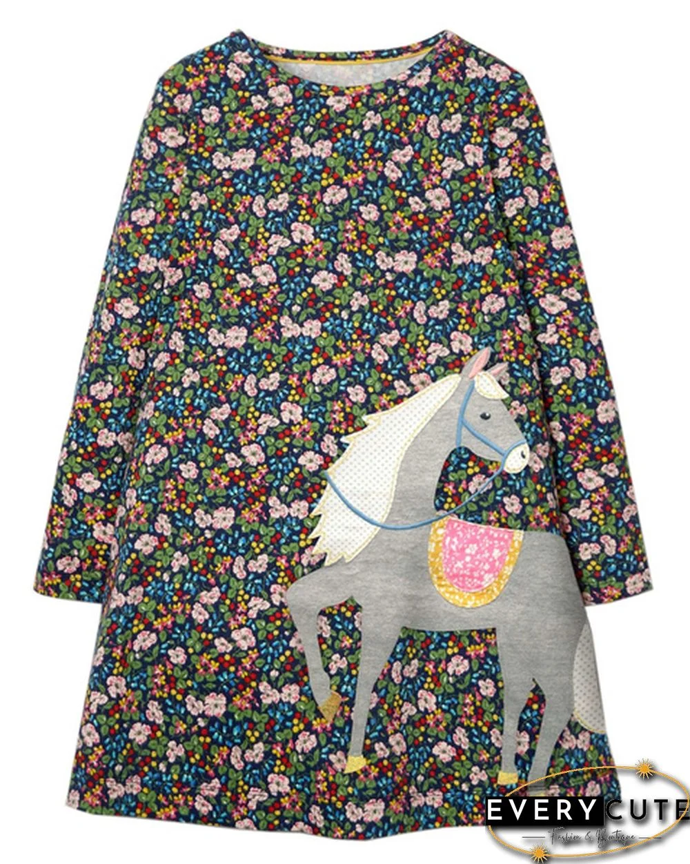 Toddler Baby Girls Kids Autumn Clothes Cute Cartoon Applique Long Sleeve T-Shirt Dress