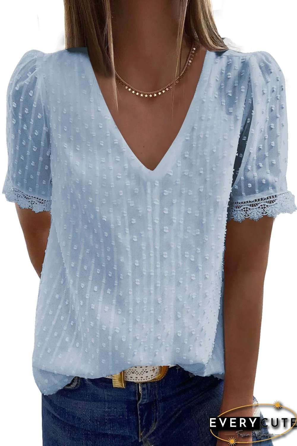 Sky Blue Swiss Dot Lace V Neck Shirt