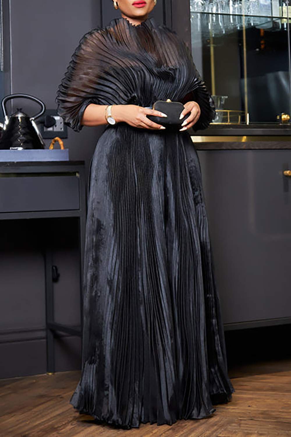 Plus Size Mother Of The Bride Skirt Sets Elegant Black Fall Winter Off The Shoulder Long Sleeve Pleated Satin Two Piece Skirt Sets [Pre-Order]